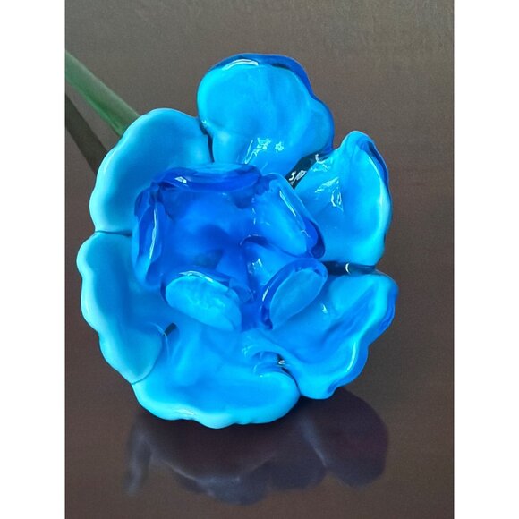 Vintage Hand Blown Murano Style Blue Long Stem Art Glass Flower 18" - Picture 3 of 5